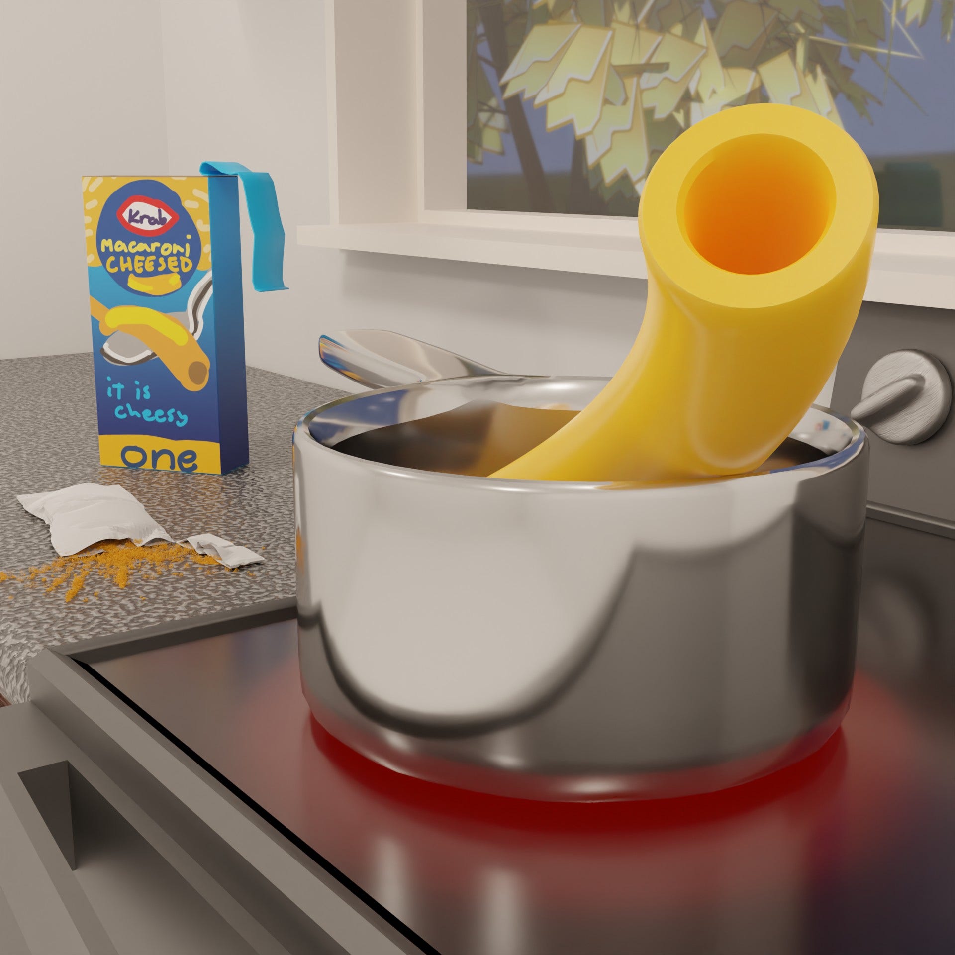 a render of a scene. there's a pot on a stove and it contains one gigantic piece of elbow macaroni. there's a box on the counter that's a rough parody of a real box. it's labelled "Krab Macaroni CHEESED: it is cheesy. one"